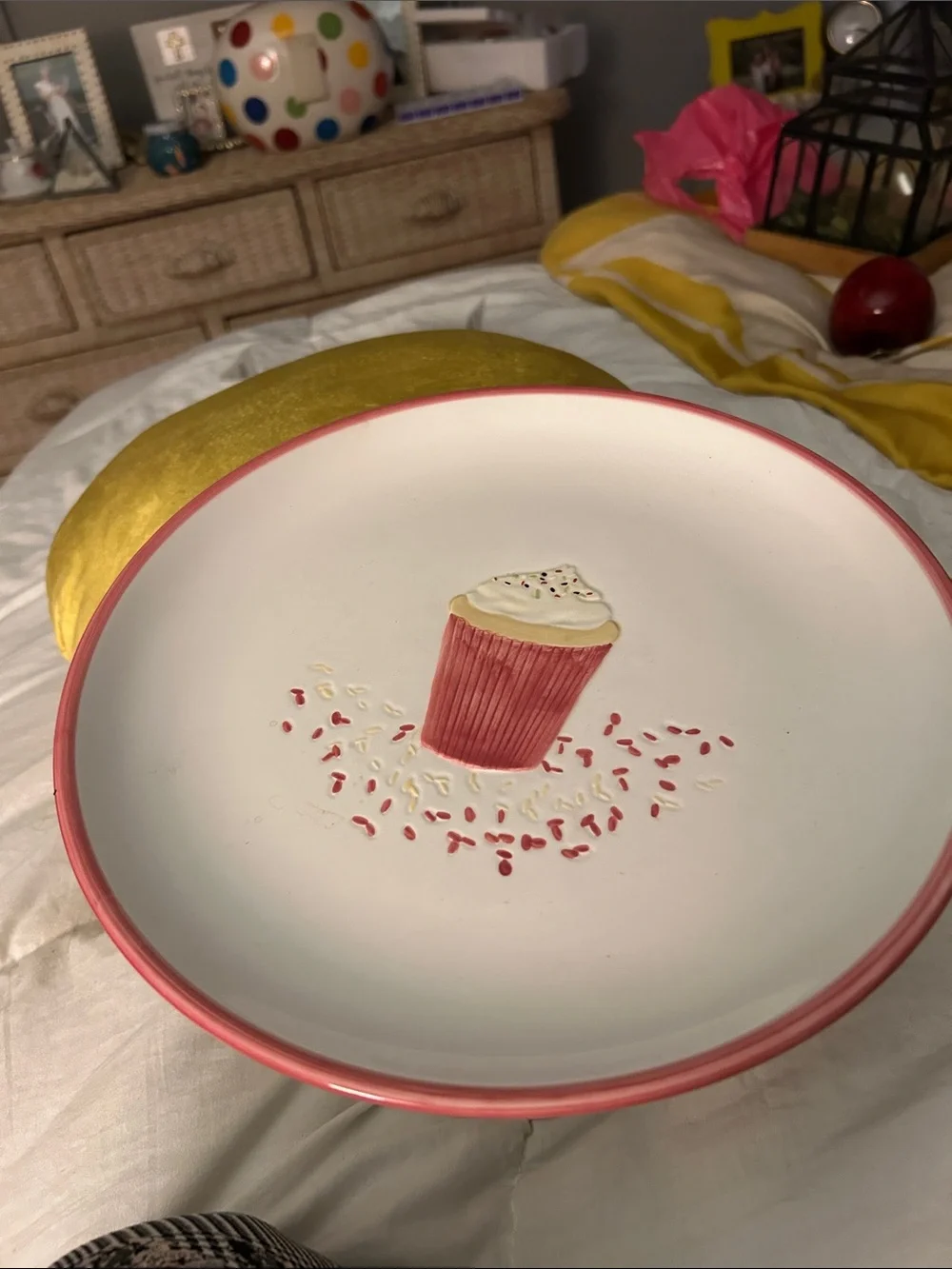 Ceramic Cupcake Pedestal Cake Stand - Pink Accent Never Used